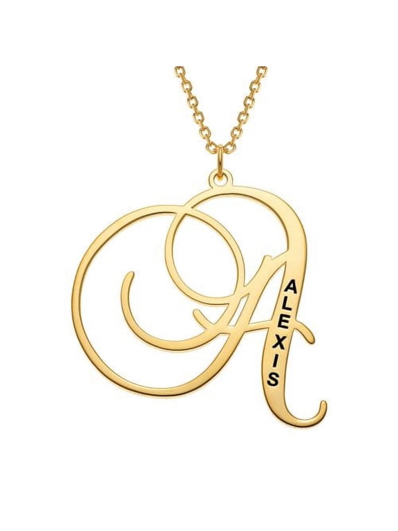 Women's Sterling Silver, Gold Over Sterling or Rose Gold Over Sterling Initial With Engraved Name Necklace