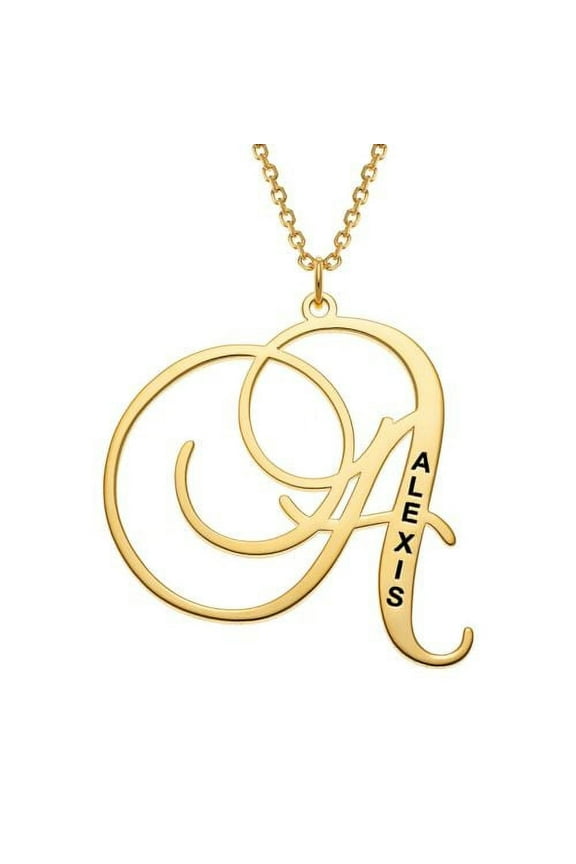 Women's Sterling Silver, Gold Over Sterling or Rose Gold Over Sterling Initial With Engraved Name Necklace