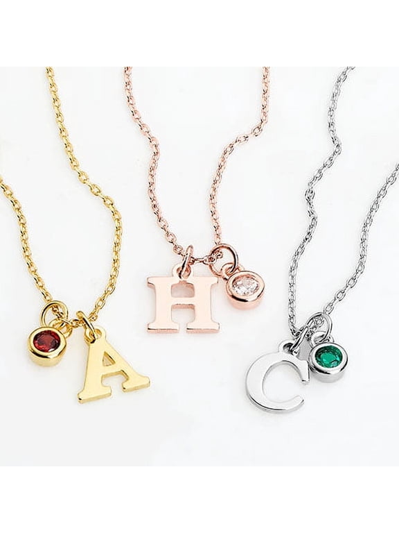 Women's Sterling Silver Initial Charm and Birthstone Cluster Necklace