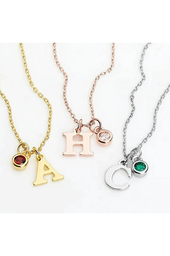Women's Sterling Silver Initial Charm and Birthstone Cluster Necklace