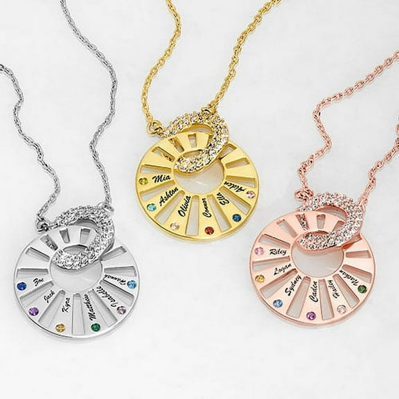 Personalized Planet Women's Sterling Silver Pave Interlocking Circles with Names and Birthstones Necklace