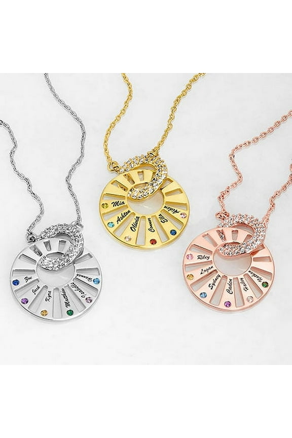 Women's Sterling Silver Pave Interlocking Circles with Names and Birthstones Necklace