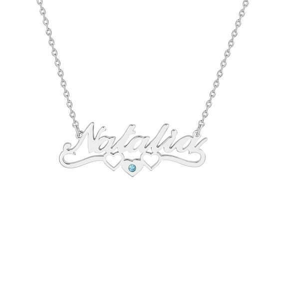 Personalized Planet Women's Sterling Silver Script Name with Birthstone Heart Scroll Pendant