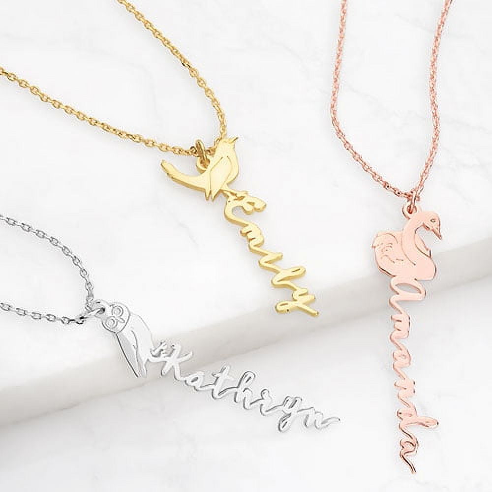 Personalized Planet Women's Sterling Silver Vertical Script Name with Birthmonth Bird Necklace
