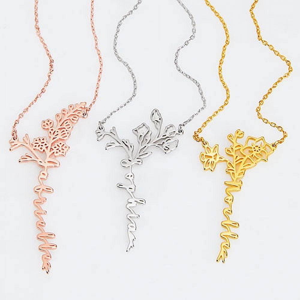 Personalized Planet Women's Sterling Silver Vertical Script Name with Birthmonth Flower Bouquet Necklace