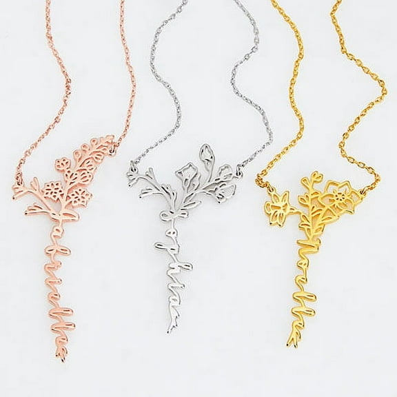 Personalized Planet Women's Sterling Silver Vertical Script Name with Birthmonth Flower Bouquet Necklace