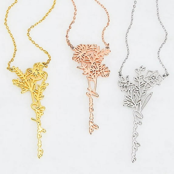 Personalized Planet Women's Sterling Silver Vertical Script Name with Birthmonth Flower Necklace