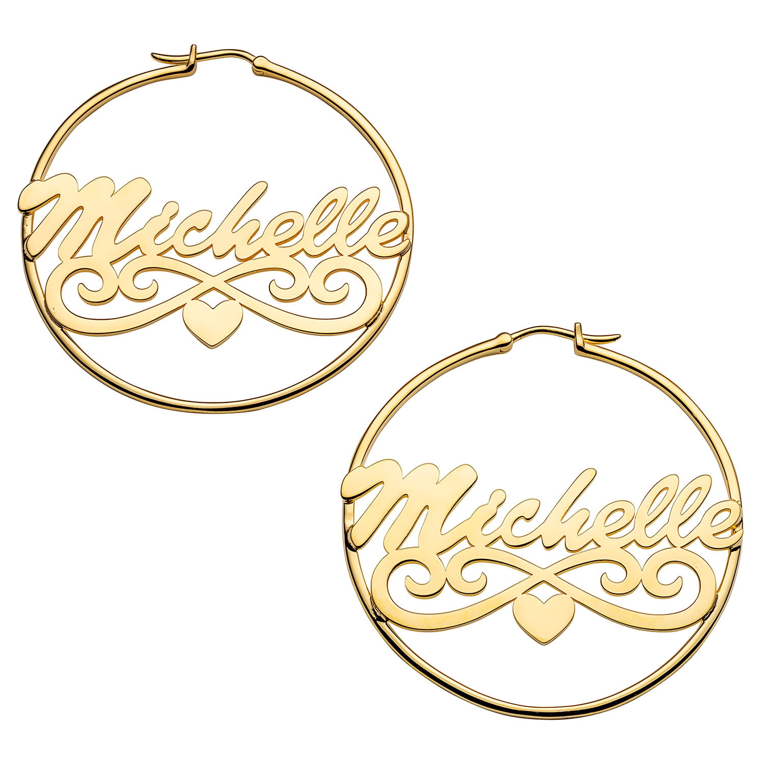 Personalized Planet Women's Sterling Silver or Gold over Silver Script Name with Heart Tail Hoop Earrings