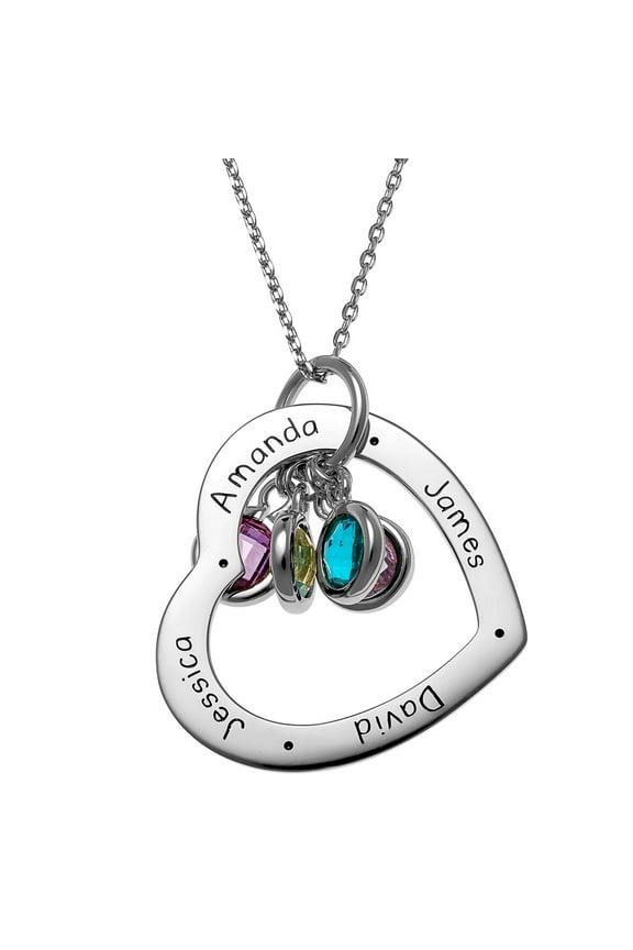 Women's Sterling Silver or Gold over Sterling Engraved Family Names Heart with Birthstones Necklace