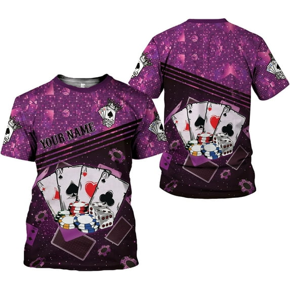 Personalized Poker Shirt, Poker Player Shirt, Funny Casino Poker Pattern 3D Over Print, Unisex Poker Tshirt Men Women (Purple, XL)