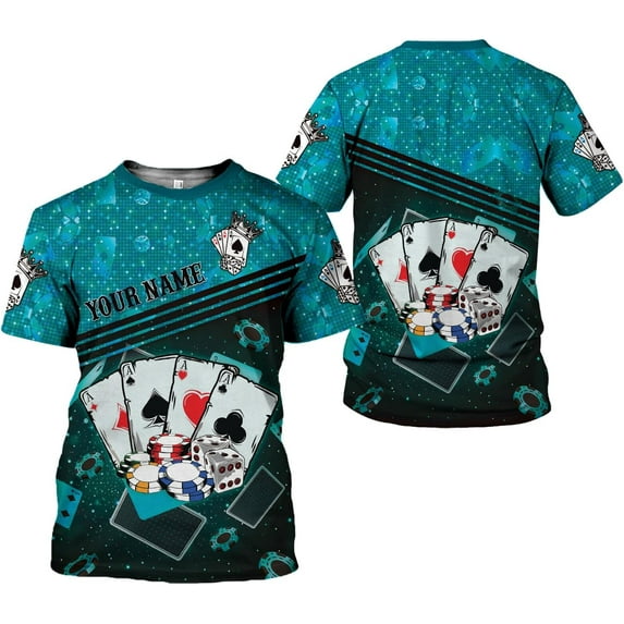 Personalized Poker Shirt, Poker Player Shirt, Funny Casino Poker Pattern 3D Over Print, Unisex Poker Tshirt Men Women (Teal, 4XL)