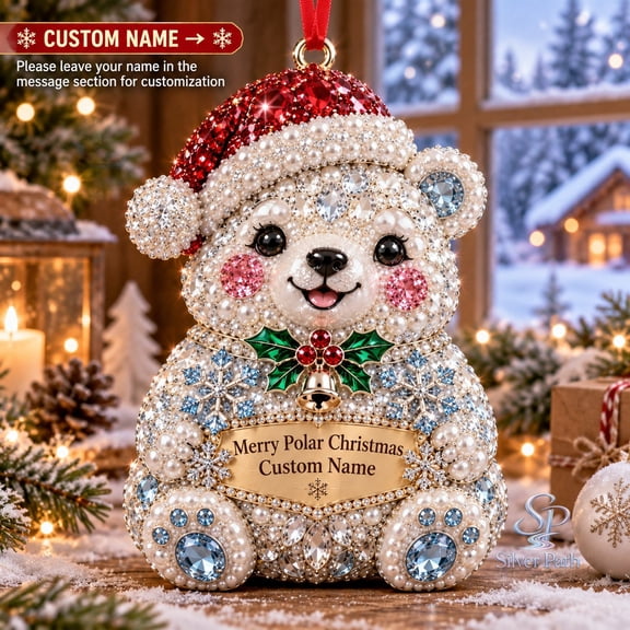 Personalized Polar Bear Acrylic Ornament, Santa Hat Holiday Christmas Gift