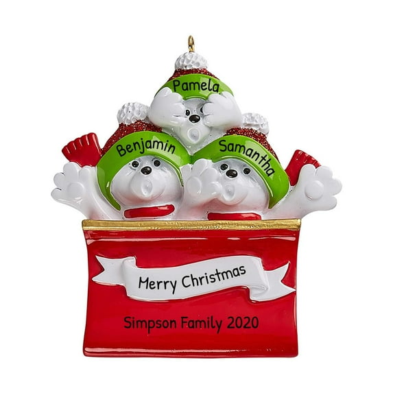 Personalized Polar Bear Christmas Ornament -Custom Bear Family in Red Sled Rollercoaster Ornaments