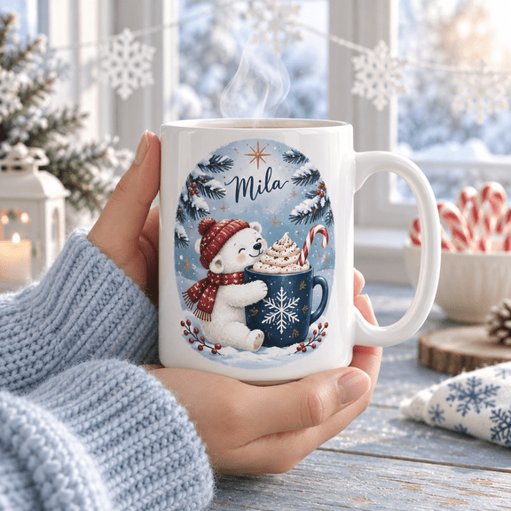 Personalized Polar Bear Cocoa Snowflake Ceramic Coffee Mug Christmas Gift