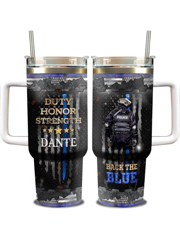Personalized Police Officer Tumbler 40oz with Handle and Straw Custom Name Insulated Coffee Cup Travel Mug Thermos Policeman Gifts Things For Cops Law Enforcement Stuff For Officers