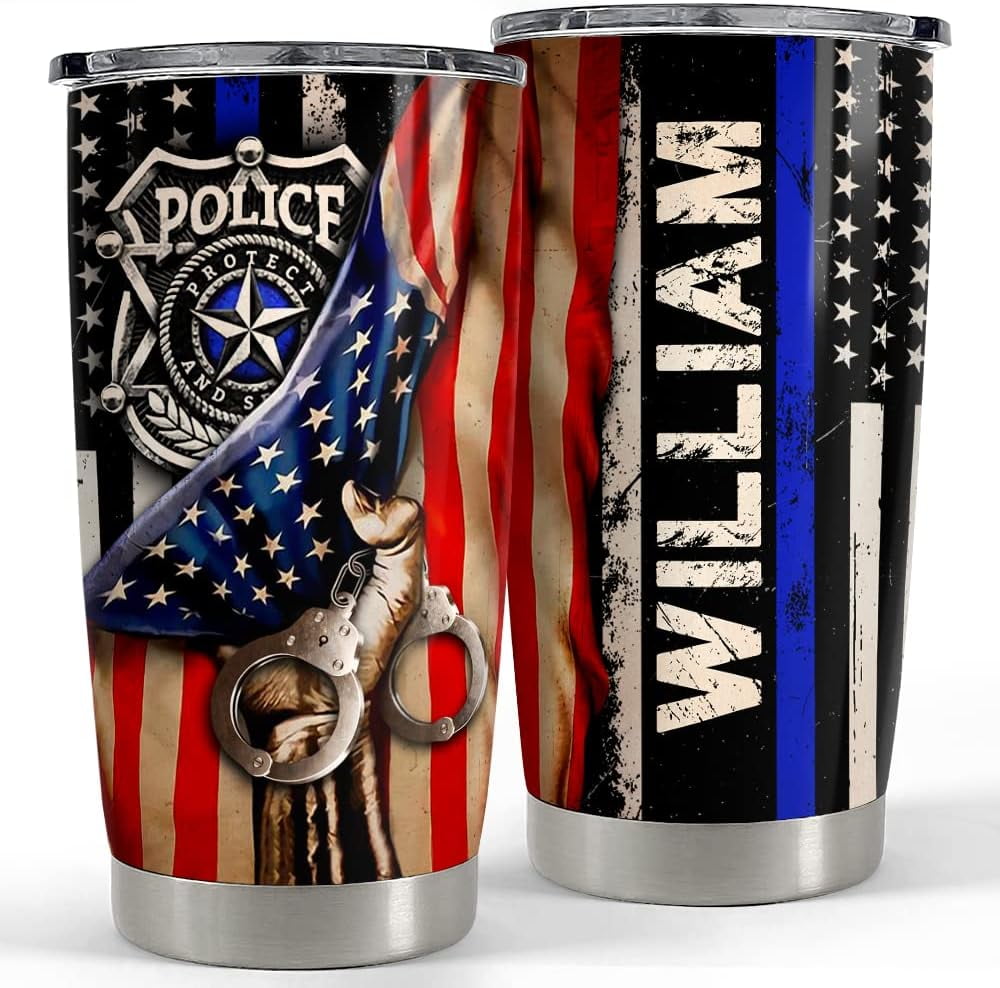 Personalized Police Tumbler with Customize Name American Flag 20oz