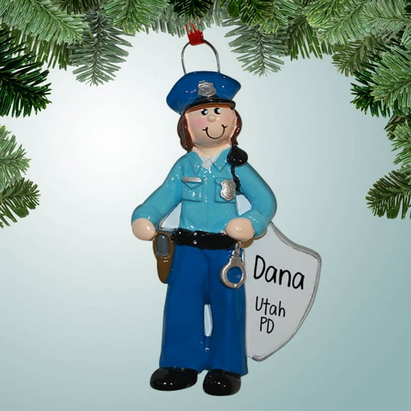 Personalized Policewoman with Shield Christmas Ornament - Police Force - Patrol - Sheriff - Deputy - Cop