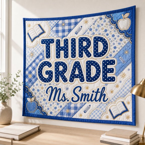 Personalized Polyester Tapestry: Custom Grade Level Teacher Classroom Wall Hanging, Blue F