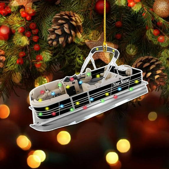 Personalized Pontoon Boat Christmas Ornament, Pontoon Car Ornament, Gift for Bowriders, Wake Boats,Pontoon Lover Gift (Pontoon 25) - 3332 (Black)