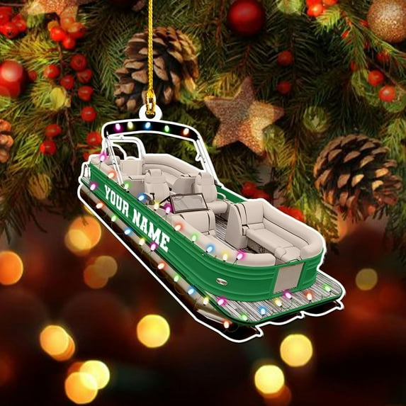 Personalized Pontoon Boat Christmas Ornament, Pontoon Car Ornament, Gift for Bowriders, Wake Boats,Pontoon Lover Gift (Pontoon 26) - 3331 (Green)