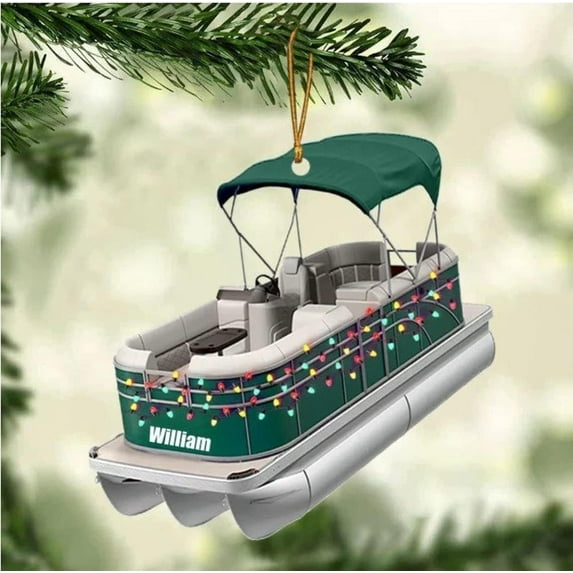 Personalized Pontoon Boat Christmas Ornament, Pontoon Car Ornament, Gift for Bowriders, Wake Boats,Pontoon Lover Gift (Pontoon 27) - 3330 (Green)