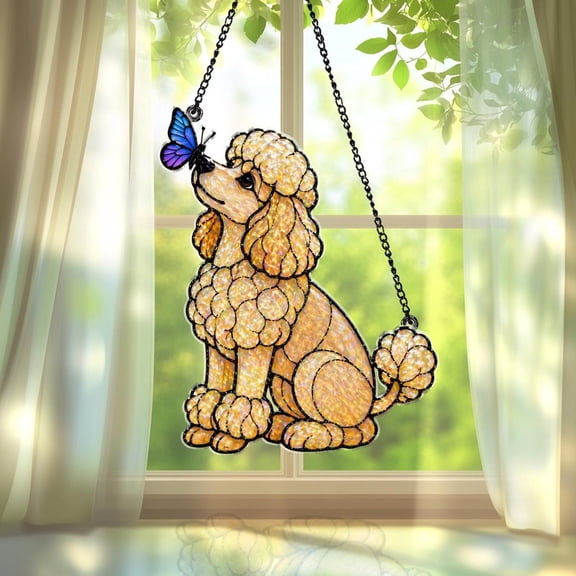 Personalized Poodle Acrylic Suncatcher, Custom Name Faux Stained Glass Window Hanging Decor, Dog Lover Gift for Men