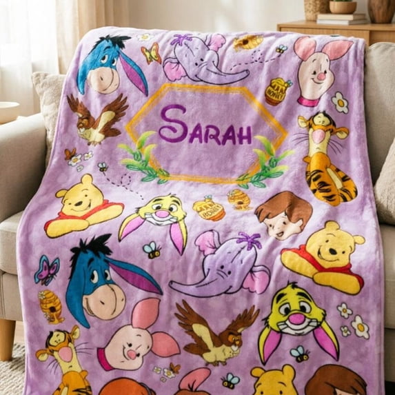 Personalized Pooh Crew Fleece Throw Blanket, Custom Name Cute Cartoon ...