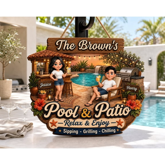 Personalized Pool & Patio Wood Sign for Couples | Custom Outdoor Decor