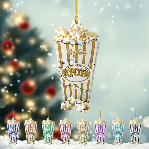 Personalized Popcorn Ornament with Name, Custom Christmas Movie Night Decor, Cute Snack Themed Tree Gift for Kids, Teens, Movie Lovers