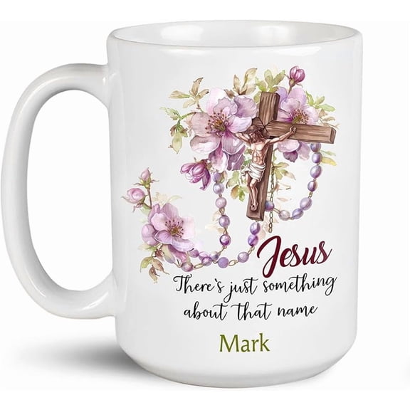 Personalized Porcelain Mug With Detail Holy Cross Rosary, Customized Unique Name On Christian Tea Cups, Custom Christian White Coffee Mugs, Religious Theme Mug For Friends, Family