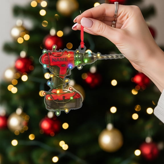 Personalized Power Drill Acrylic Christmas Ornament with Lights Custom Name Builder/Carpenter Holiday Tree Decor, Handyman Tool Lovers Home Keepsake