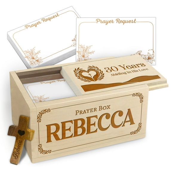 Personalized Prayer Box with 100 Blank Prayer Cards & Wooden Handheld Cross, Custom Keepsake Box for Emotions and Feelings, 30 Year Old Gift, Inspirational Religious