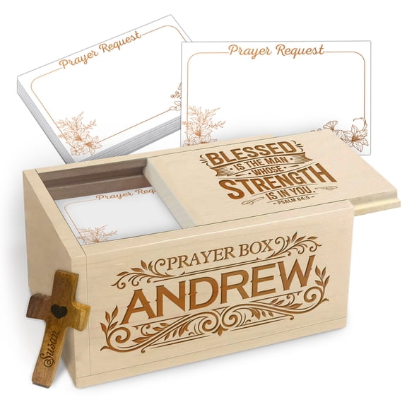 Personalized Prayer Box with 100 Blank Prayer Cards & Wooden Handheld Cross, Custom Keepsake Box for Emotions and Feelings, 45 Year Old Gift, Inspirational Religious