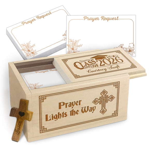 Personalized Prayer Box with 100 Blank Prayer Request Cards & Wooden Handheld Cross, Custom Memory Keepsake Box for Your Daily Prayers, Graduation Gift, Inspirational Bible Gifts