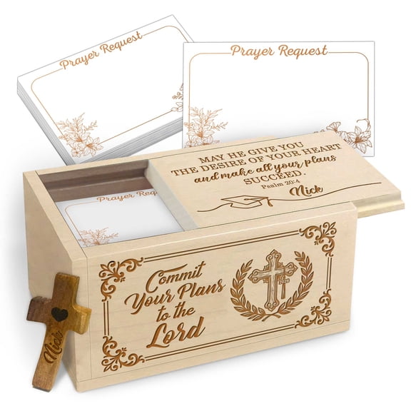Personalized Prayer Box with 100 Blank Prayer Request Cards & Wooden Handheld Cross, Custom Memory Keepsake Box for Your Daily Prayers And Graduation Gifts, Inspirational Bible Gift