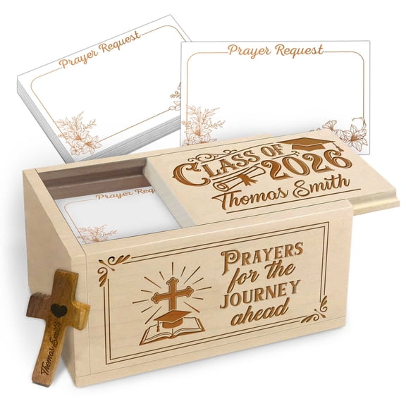 Personalized Prayer Box with 100 Blank Prayer Request Cards & Wooden Handheld Cross, Custom Memory Keepsake Box for Your Daily Prayers, Inspirational Bible Gifts, Graduation Gift