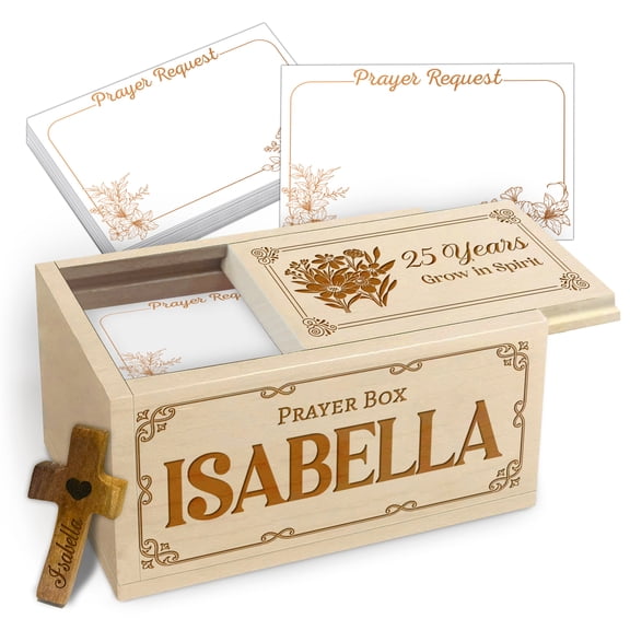 Personalized Prayer Box with 100 Blank Prayer Request Cards & Wooden Handheld Cross, Custom Memory Keepsake Box for Emotions and Feelings, 25 Year Old Gift, Inspirational Religious