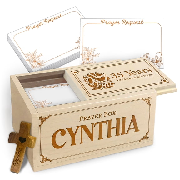 Personalized Prayer Box with 100 Blank Prayer Request Cards & Wooden Handheld Cross, Custom Memory Keepsake Box for Emotions and Feelings, 35 Year Old Gift, Inspirational Religious