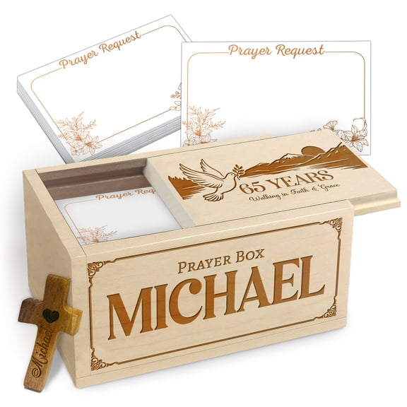 Personalized Prayer Box with 100 Blank Prayer Request Cards & Wooden Handheld Cross, Custom Memory Keepsake Box for Emotions and Feelings, 65 Year Old Gift, Inspirational Religious