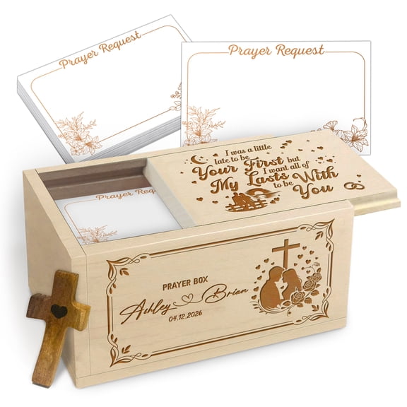 Personalized Prayer Box for Couple, Maple Wood Faith Keepsake Box with Custom Names and Date Engraving & Personalized Wooden Cross, Christian Gift for Couples Prayer and Love