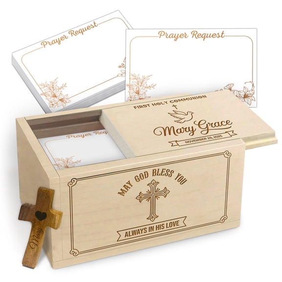 Personalized Prayer Box for First Holy Communion, Maple Wood Keepsake Box with Prayer Request Cards & Wooden Cross, Custom Religious Gift for Children and Families