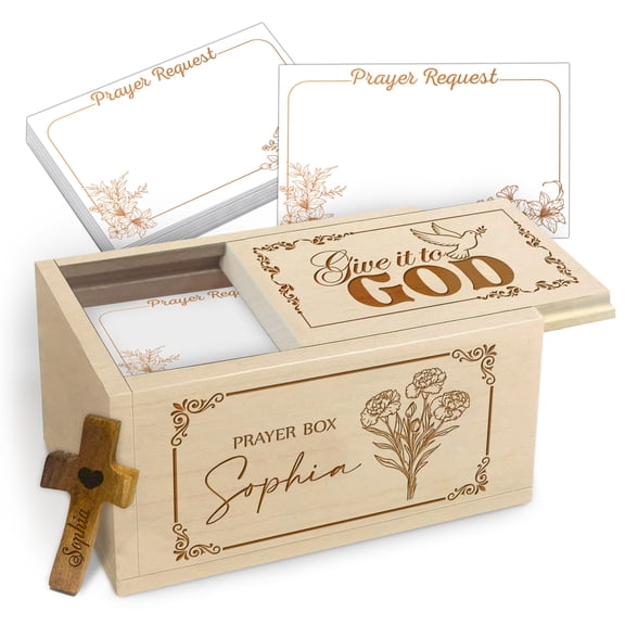 Personalized Prayer Box, Maple Wood Box with Custom Name and Year Engraving, "Give it to God" with Handheld Cross, Faith Keepsake Gift for Daily Prayer and Reflection