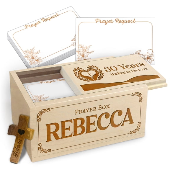 Personalized Prayer Box for 30th Birthday, Wooden Keepsake Box with 100 Blank Prayer Cards and Handheld Cross, Custom Religious Birthday Gift