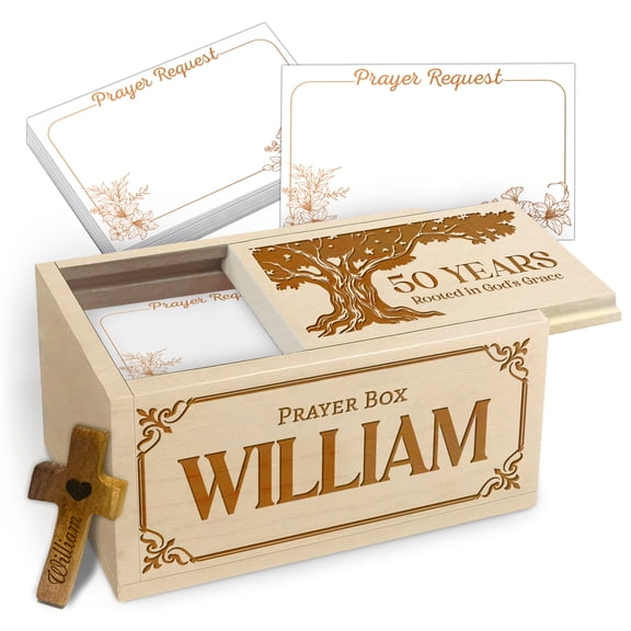 Personalized Prayer Box for 50th Birthday, Custom Wooden Keepsake Box with 100 Blank Prayer Cards and Handheld Cross, Meaningful Religious Gift