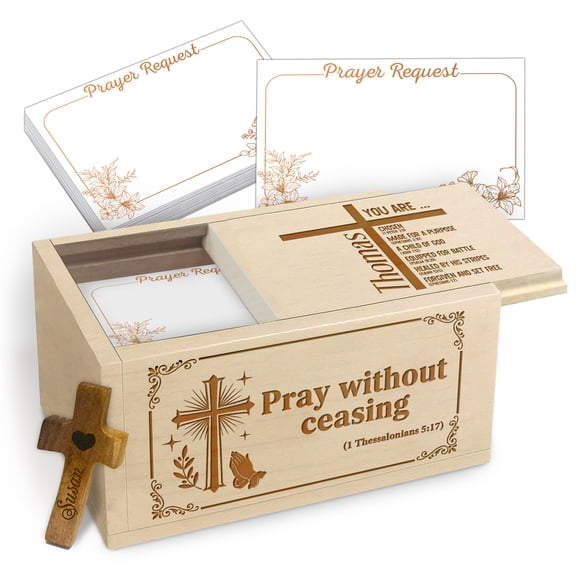 Personalized Prayer Box for 50th Birthday, Custom Wooden Keepsake Box with 100 Blank Prayer Cards and Handheld Cross, Meaningful Religious Gift