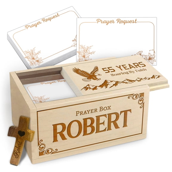 Personalized Prayer Box for 55th Birthday, Wooden Prayer Keepsake Box with 100 Prayer Cards and Handheld Cross, Custom Religious Birthday Gift