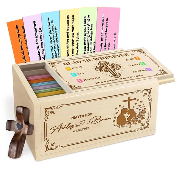 Personalized Prayer Box for Couple – Custom Name & Date Wooden Keepsake with Cross, Bible Verse Cards, Christian Wedding Gift