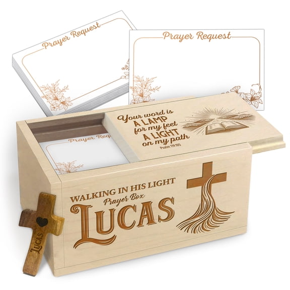 Personalized Prayer Box for Men/Women - Maple Wood - Custom Engraved with Name & Faithful Verse - Prayer Request Cards Included