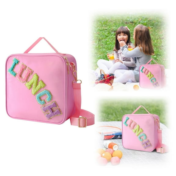 Personalized Preppy Lunch Box for, Insulated Aluminum Film Bag with Embroidered Letter, Handheld Portable for sch○○l, Work, or Outdoor, Pink, By PRYESS