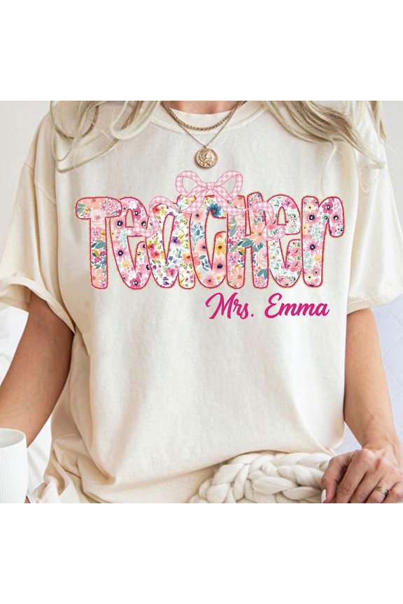 Personalized Preppy Teacher Floral Glitter Png, Coquette Teacher Png, Teacher Life Png,Floral Teacher, Back To School, Teacher Appreciation